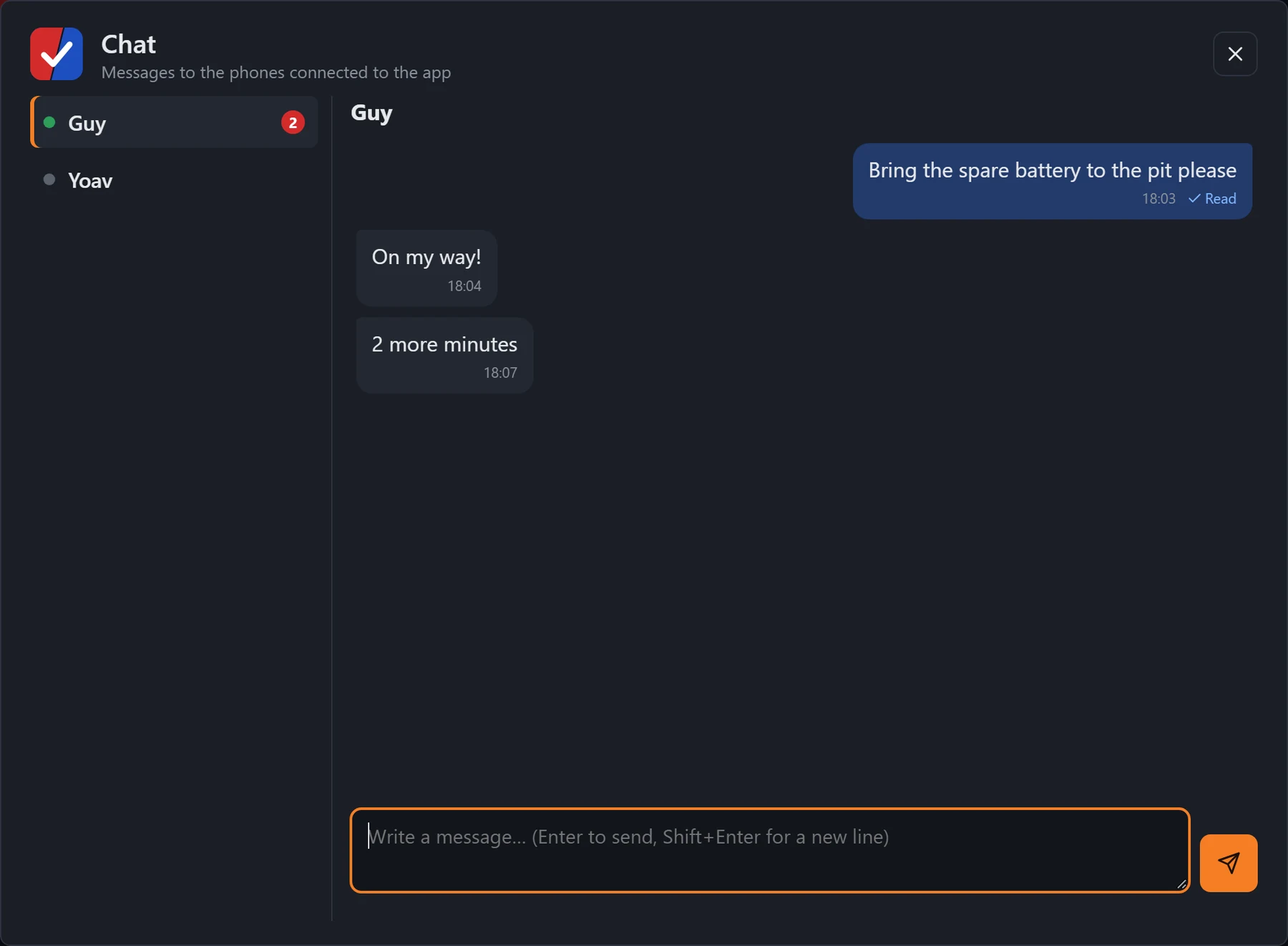The chat window: the list of phones on the left, a conversation with Guy on the right, and the message box.