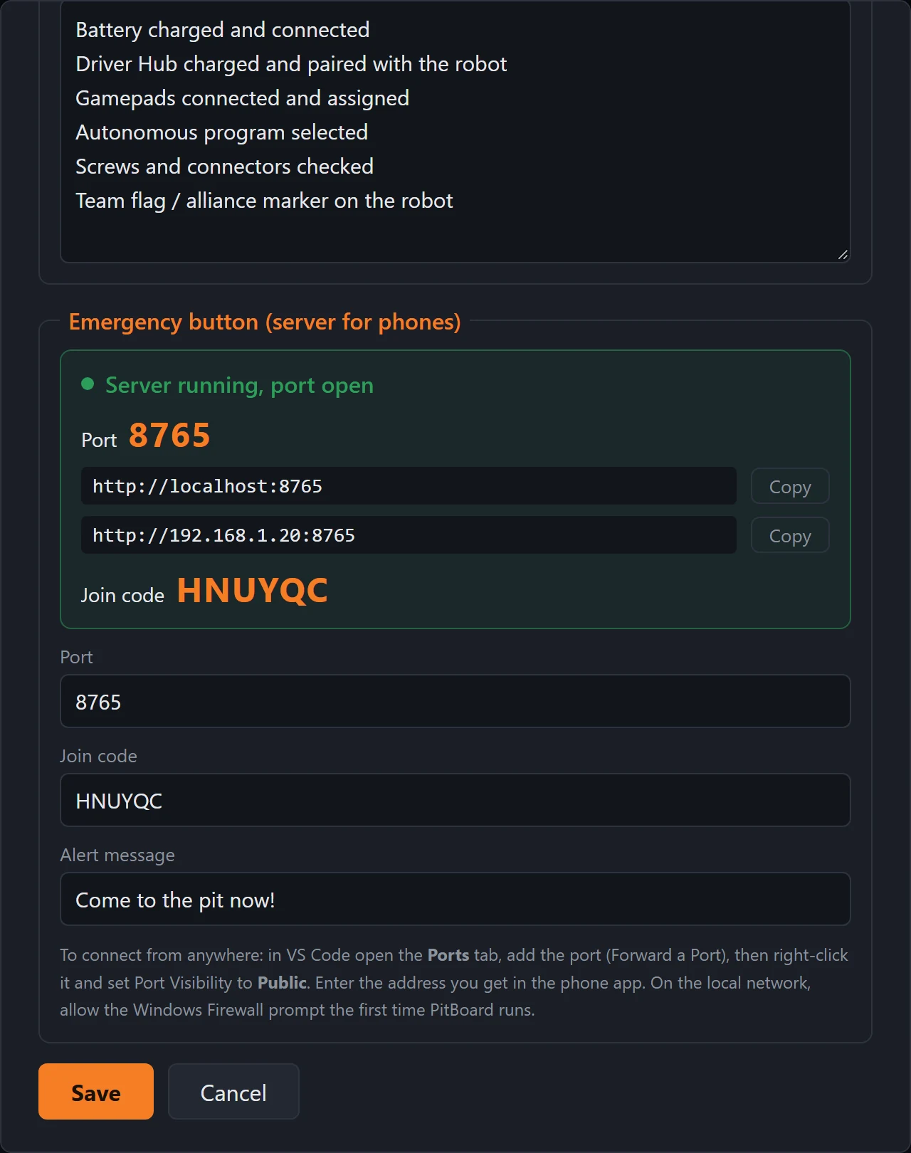 The Emergency button section of Settings: server status, the addresses to copy, the join code, port, join code field and alert message.