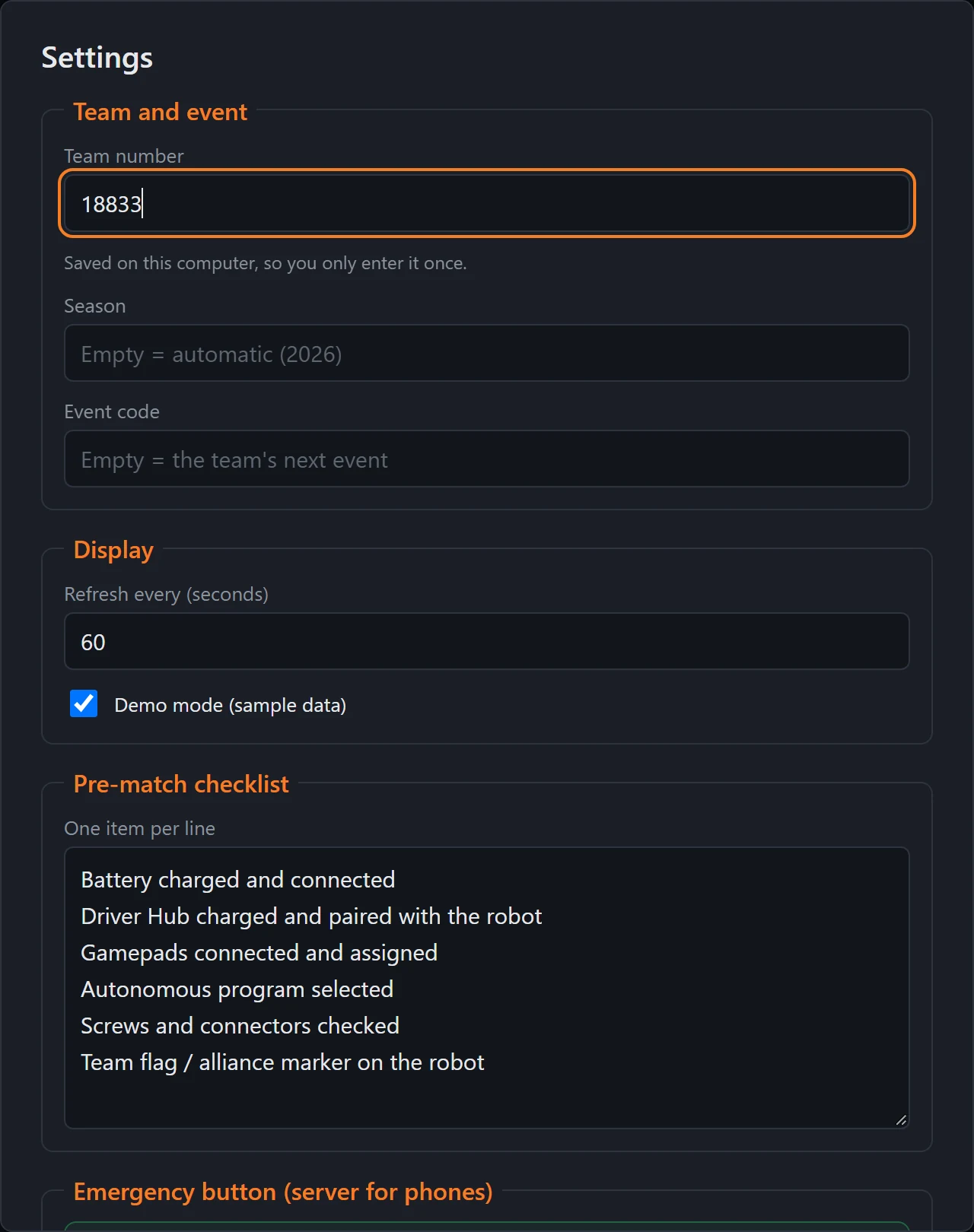 The Settings window with the team number filled in, the season and event code empty, demo mode, and the checklist.