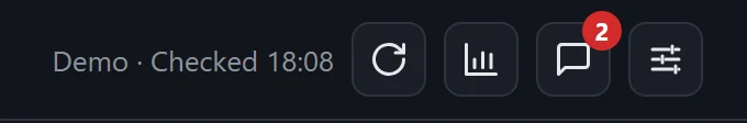 The toolbar: refresh, scouting, chat with an unread badge, and settings.